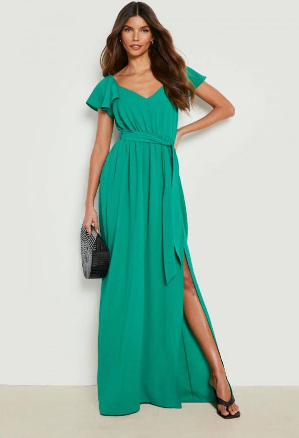 boohoo Maxi Jurk Met Ruches En Ceintuur, Green