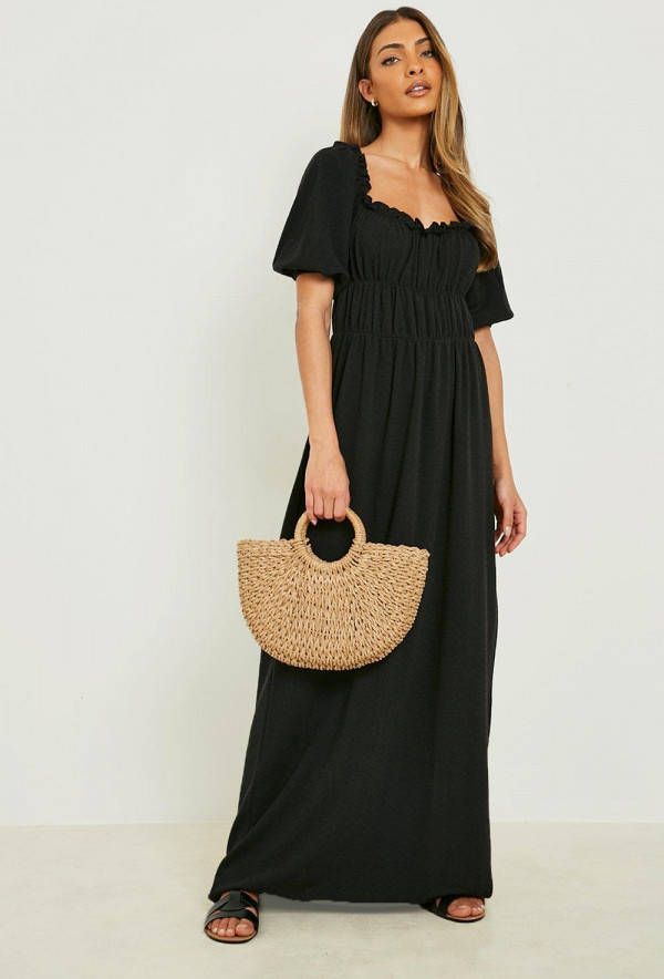 boohoo Maxi Jurk Met Textuur, Geplooide Mouwen En Laagjes, Black