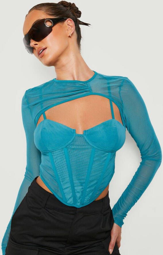 boohoo Mesh Korset Top Met Lange Mouwen, Teal