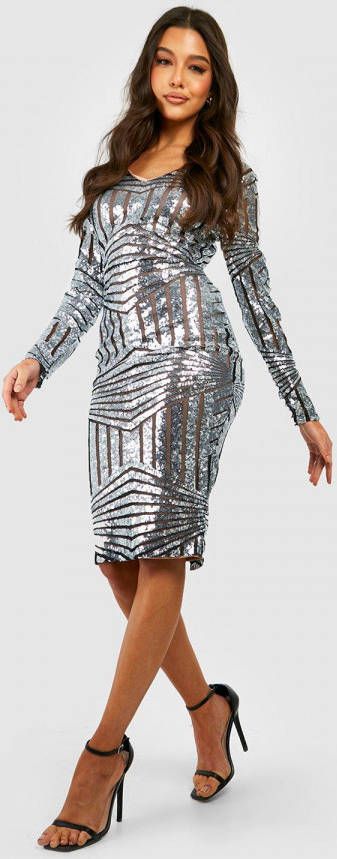 boohoo Mesh Midi Jurk Met Pailletten En Laag Uitgesneden Decolleté,, Silver