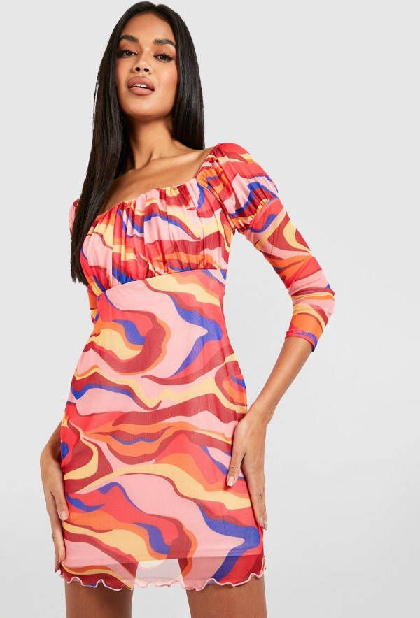boohoo Mesh Mini Jurk Met Abstracte Print, Red