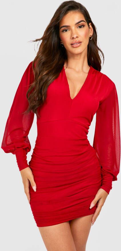boohoo Mesh Mini Jurk Met Laag Decollet&#xE9, En Shirtmouwen, Red