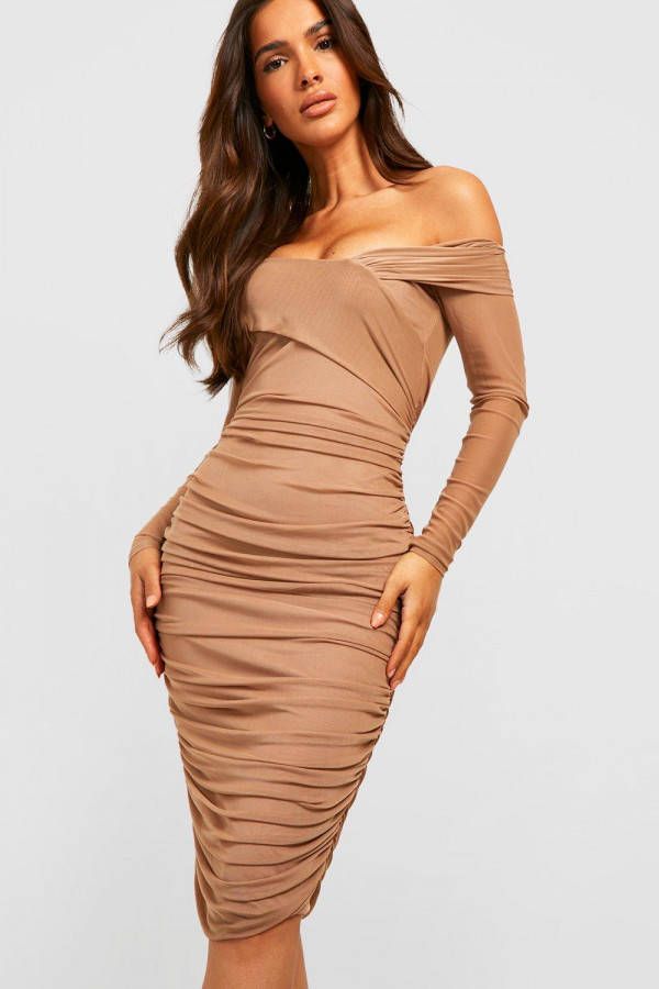 boohoo Mesh Off Shoulder Midi Jurk, Mocha