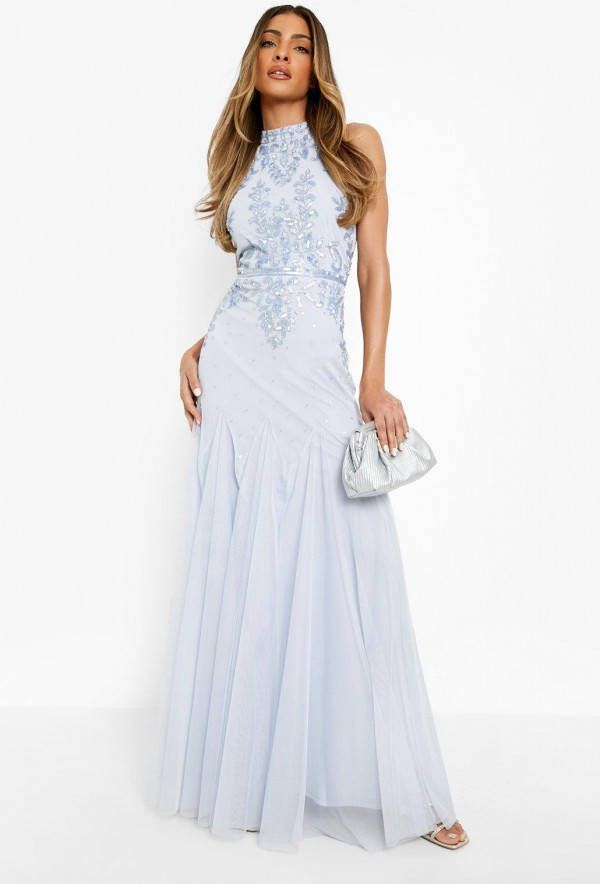 boohoo Met De Hand Versierde Bruidsmeisjes Maxi Jurk Met Halter Neck, Baby Blue