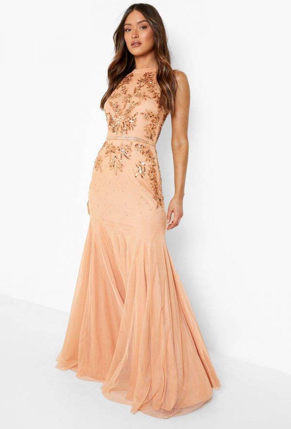 boohoo Met De Hand Versierde Bruidsmeisjes Maxi Jurk Met Halter Neck, Gold