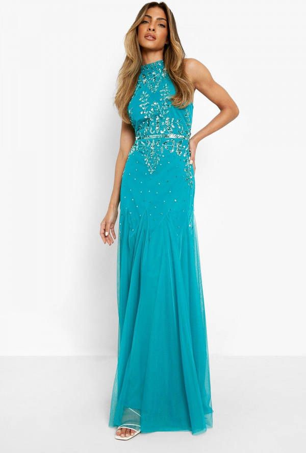 boohoo Met De Hand Versierde Bruidsmeisjes Maxi Jurk Met Halter Neck, Teal