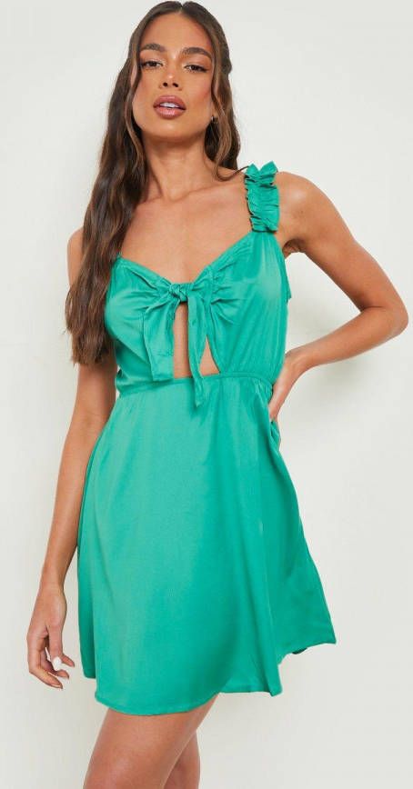 boohoo Met Ruches Met Bandjes Cut Out Loshangende Jurk, Green