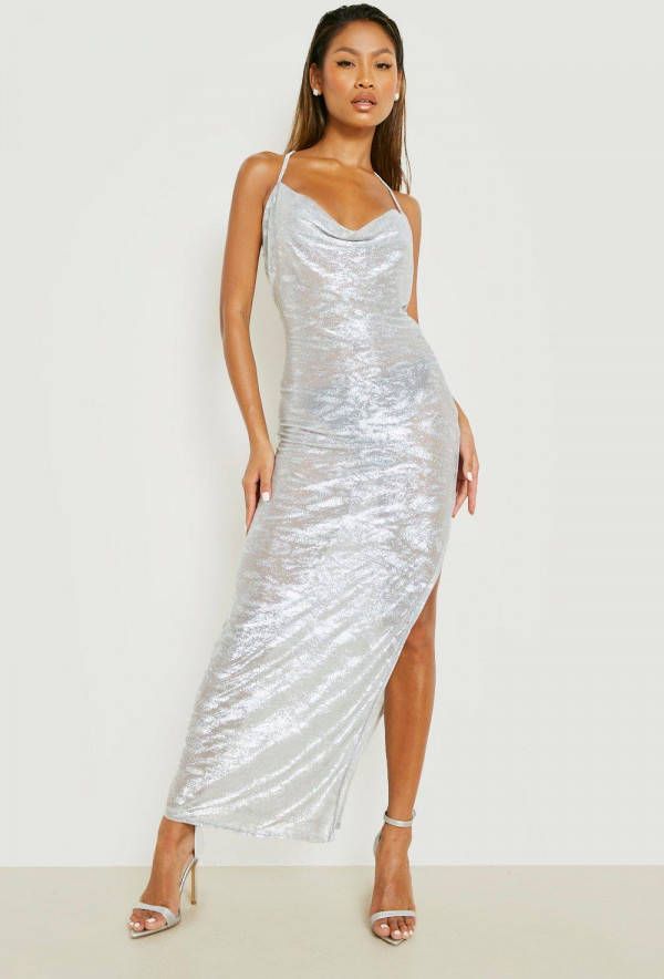 boohoo Metallic Maxi Jurk Met Textuur En Waterval Hals, Silver