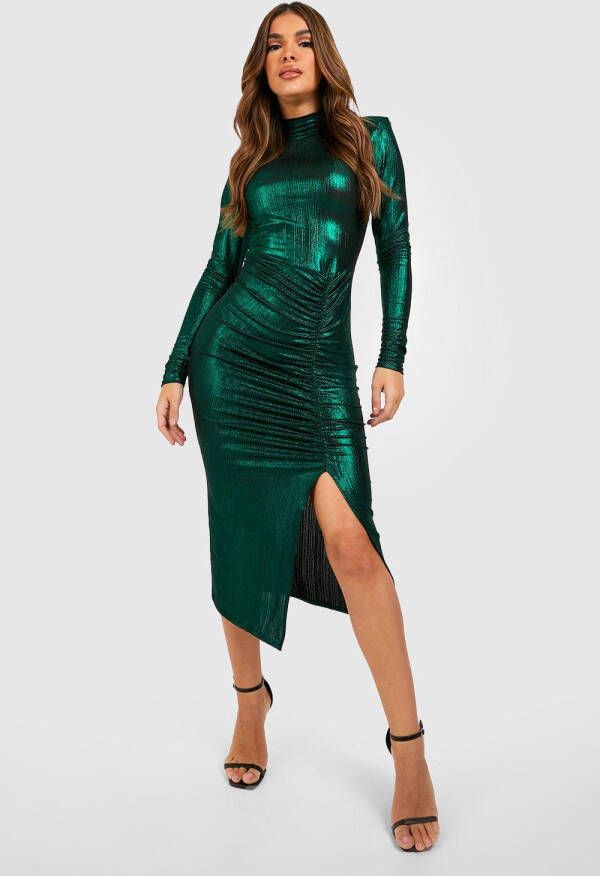 boohoo Midaxi Wikkel Jurk Met Textuur En Schouderpads, Emerald