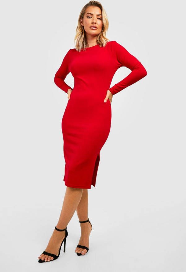 boohoo Midi Jurk Met Crewneck En Split, Red