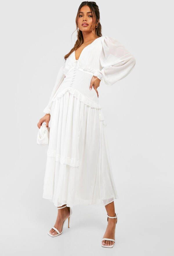 boohoo Midi Jurk Met Geplooide Taille, Cream