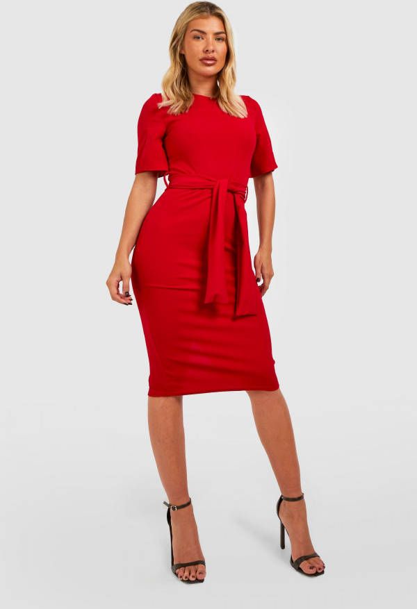 boohoo Midi Jurk Met Mouwsplit En Ceintuur, Red