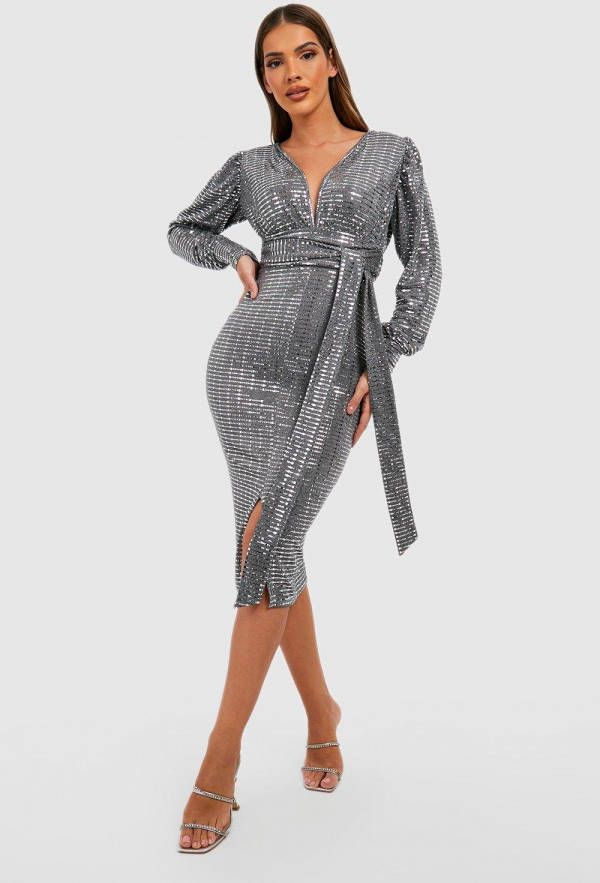 boohoo Midi Jurk Met Pailletten, Laag Decolleté, En Ceintuur, Silver