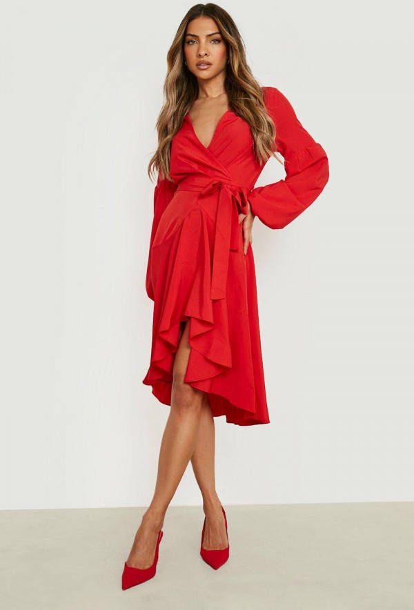 boohoo Midi Jurk Met Strik, Geplooide Mouwen En Ruches, Red
