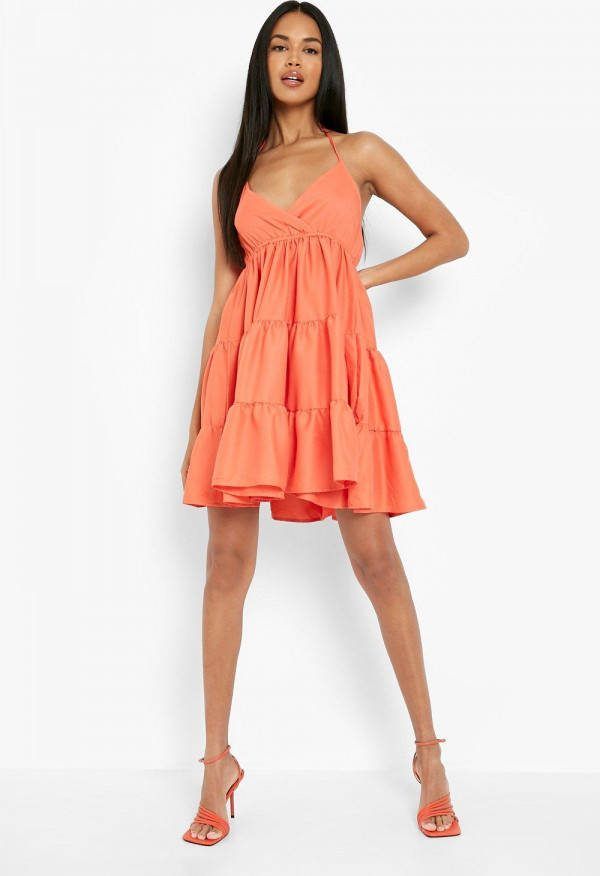 boohoo Mini Jurk Met Halter Neck, V Hals En Dubbele Zoom, Orange