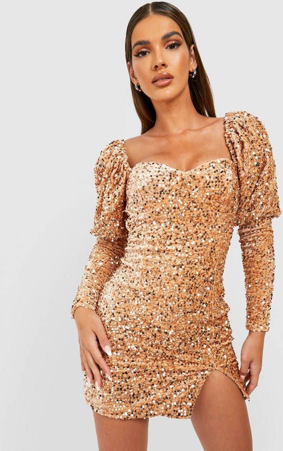 boohoo Mini Jurk Met Pailletten En Pofmouwen, Gold