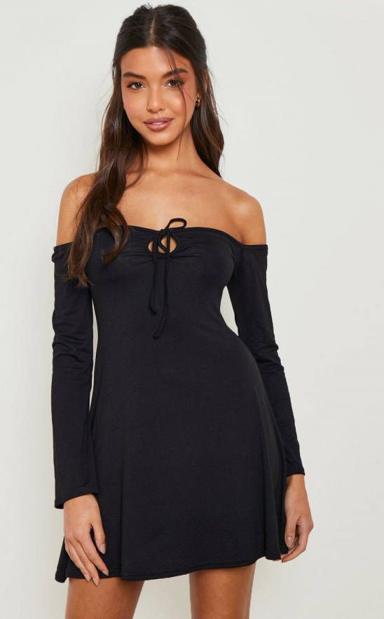 boohoo Mini Jurk Met Uitgesneden Hals En Strik, Black