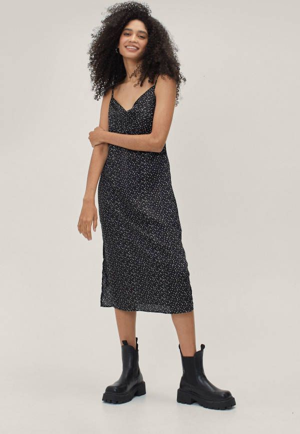 boohoo Monochrome Jurk Met Stippen En Losse Col, Black