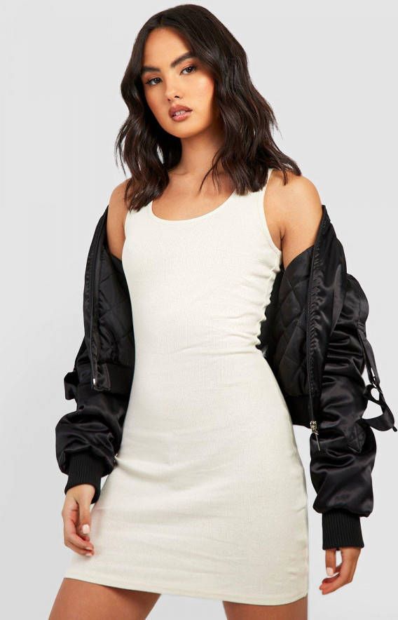 boohoo Mouwloze Geribbelde Mini Jurk Met Lage Ronde Hals, Stone
