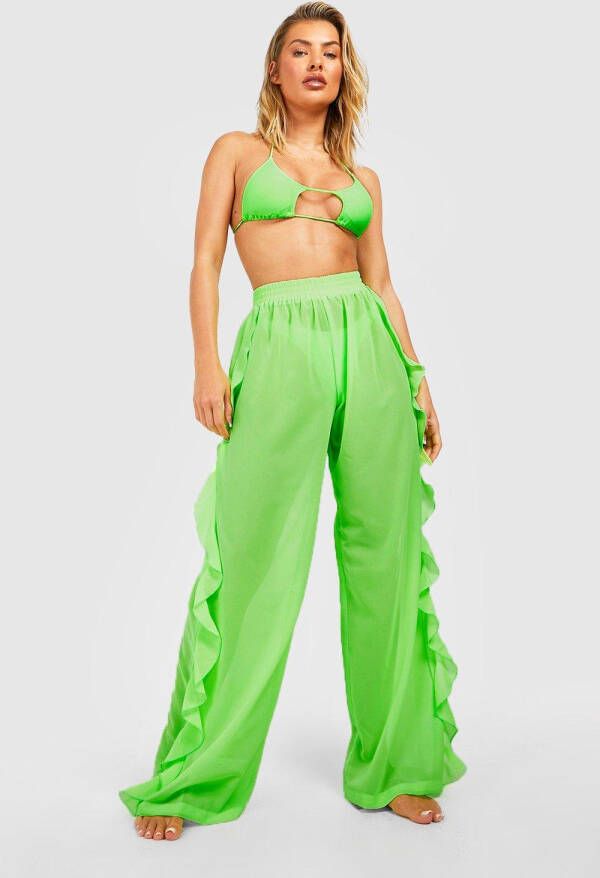 boohoo Neon Strand Broek Met Ruches, Neon Green