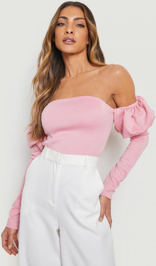 boohoo Off Shoulder One Piece Met Pofmouwen, Light Pink