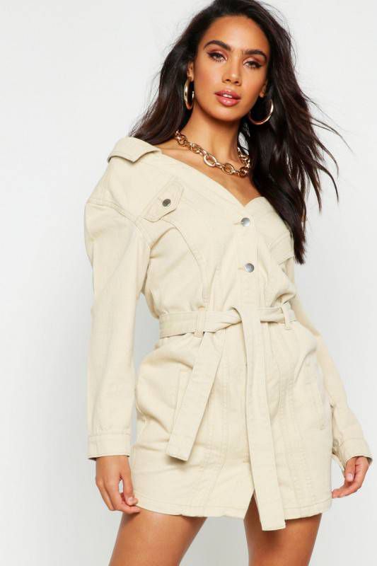 boohoo Spijkerblouse Jurk Met Open Schouders, Ecru
