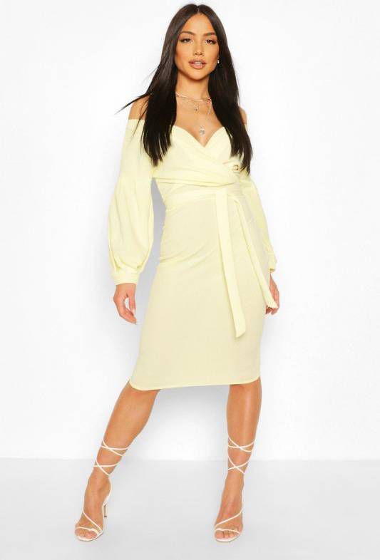 boohoo Midi Bodycon Wikkel Jurk Met Open Schouders, Citroen