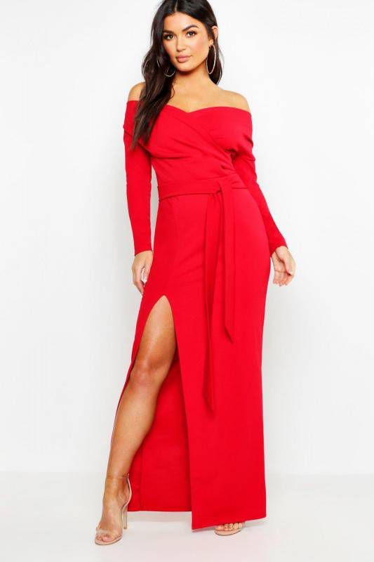 boohoo Bruidsmeisjes Maxi Jurk Met Split En Open Schouders, Rood
