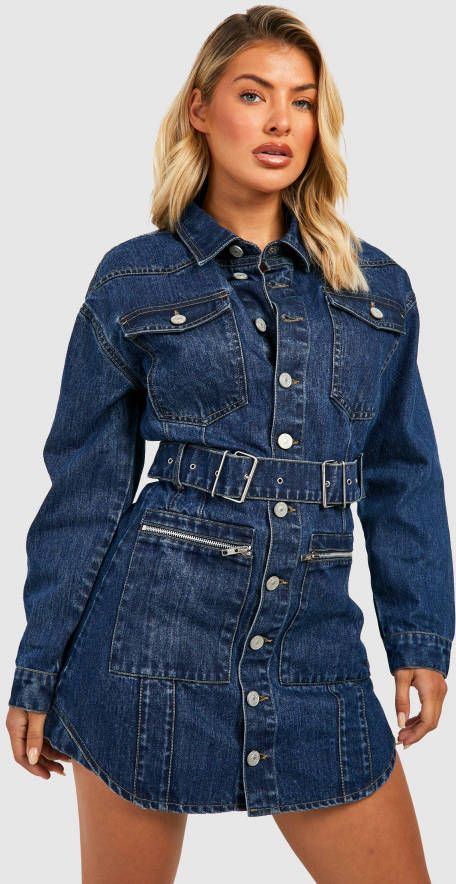 boohoo Oversized Denim Cargo Jurk Met Ceintuur, Washed Blue