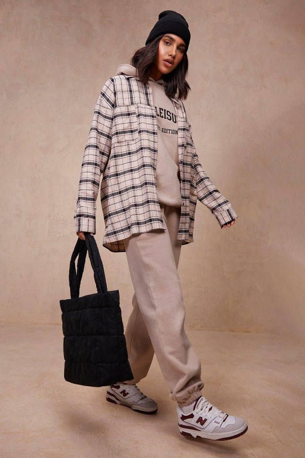 boohoo Oversized Gerecyclede Geruite Blouse, Stone