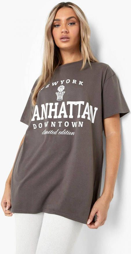 boohoo Oversized Manhattan T Shirt Met Tekst, Charcoal