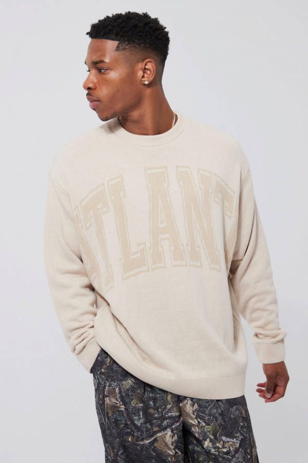 boohoo Oversized Monochrome Gebreide Atlanta Trui, Stone