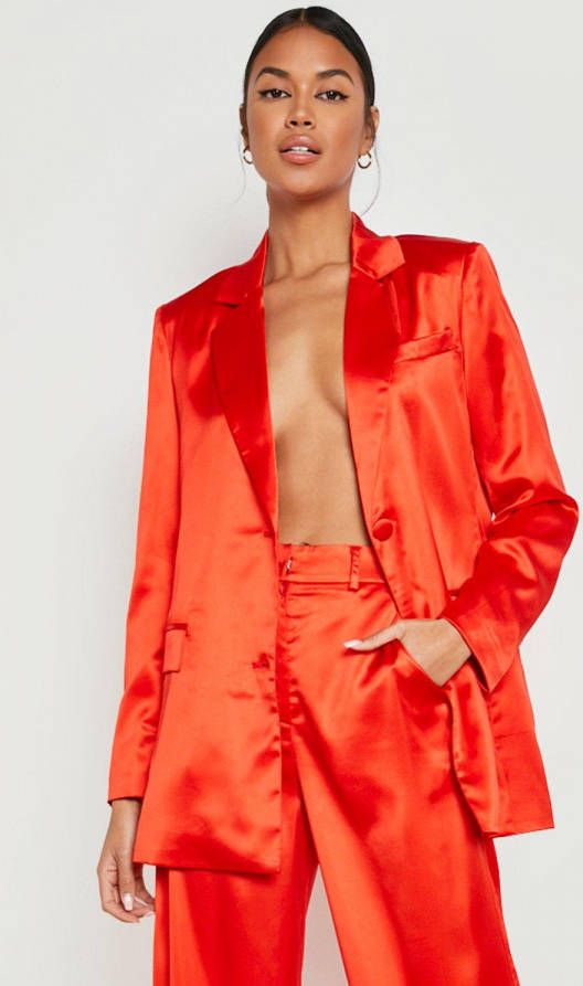 boohoo Oversized Satijnen Blazer Met Structuur, Red