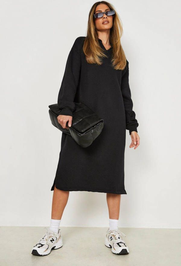 boohoo Oversized Sweatshirt Jurk Met V Hals En Split, Black