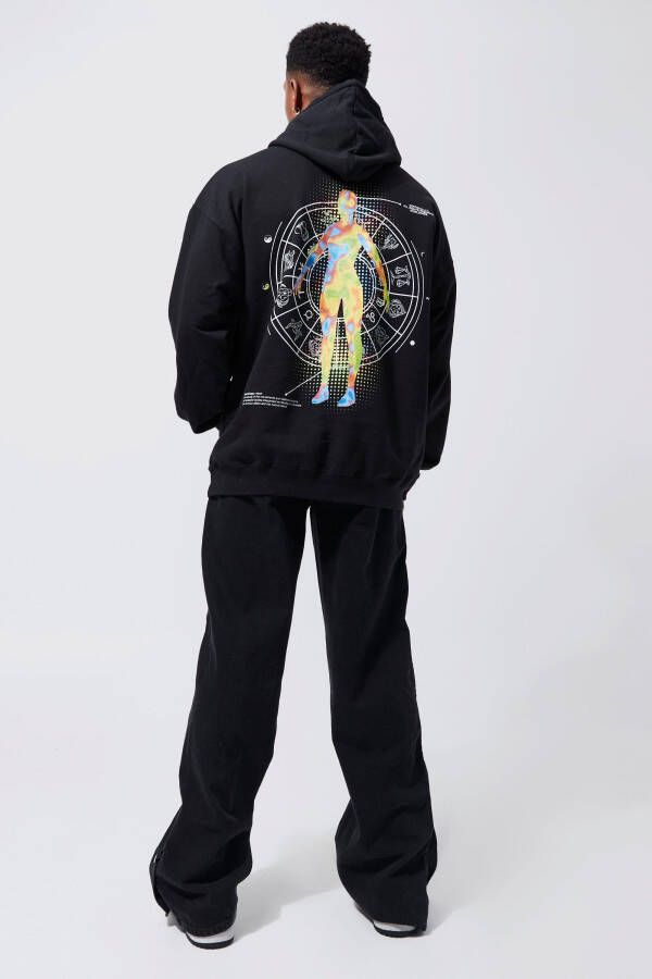 boohoo Oversized Zodiac Hoodie Met Print, Black