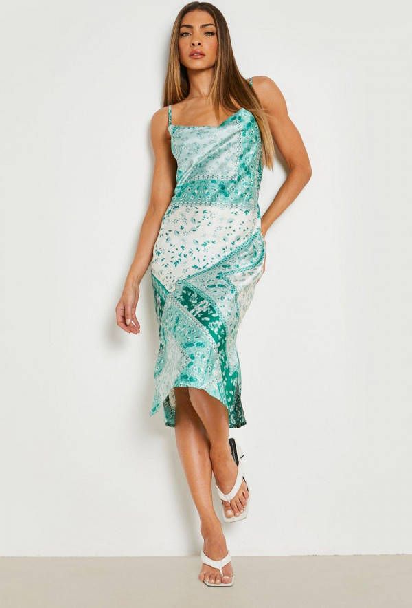 boohoo Paisley Print Midi Jurk Met Bandjes, Green