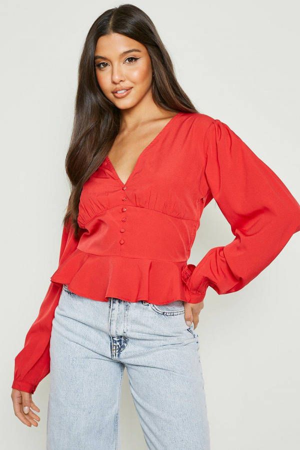 boohoo Peplum Blouse Met Knoop Detail En Geplooide Zoom, Red
