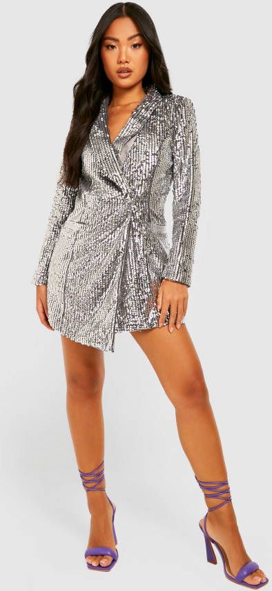 boohoo Petite Asymmetrische Glitter Blazer Jurk Met Pailletten, Silver