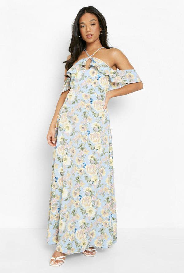 boohoo Petite Bloemen Maxi Halter Jurk Met Uitgesneden Schouders, Blue