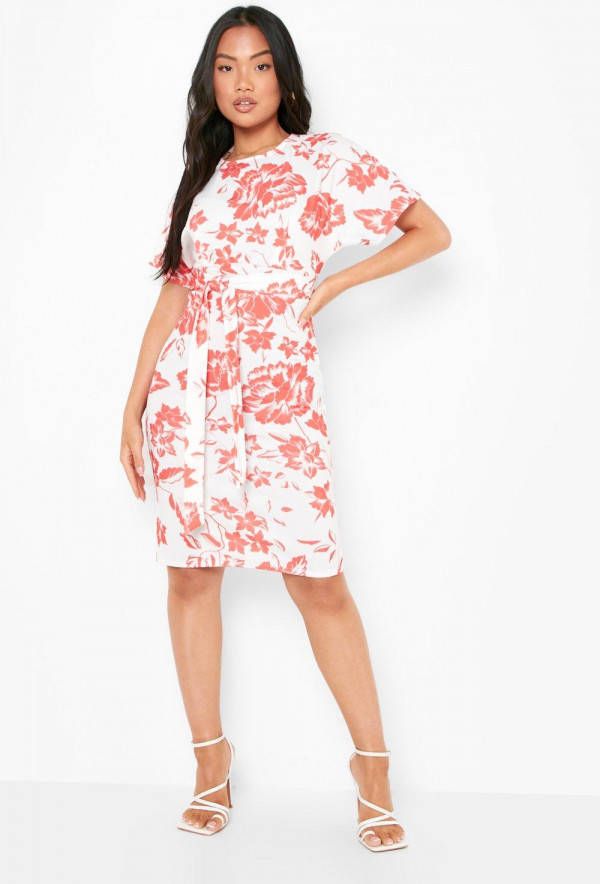 boohoo Petite Bloemen Midi Jurk Met Ceintuur, Red