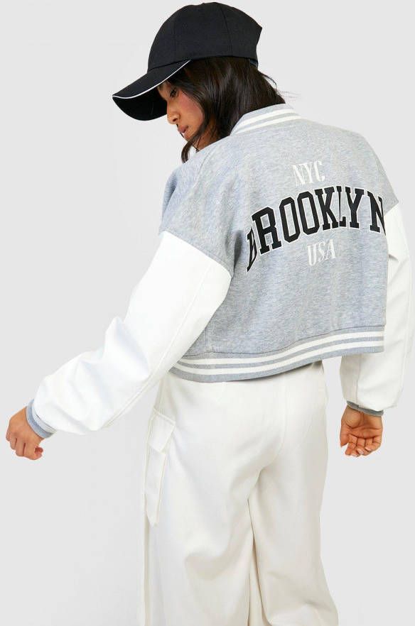 boohoo Petite Brooklyn Varsity Bomberjack, Grey