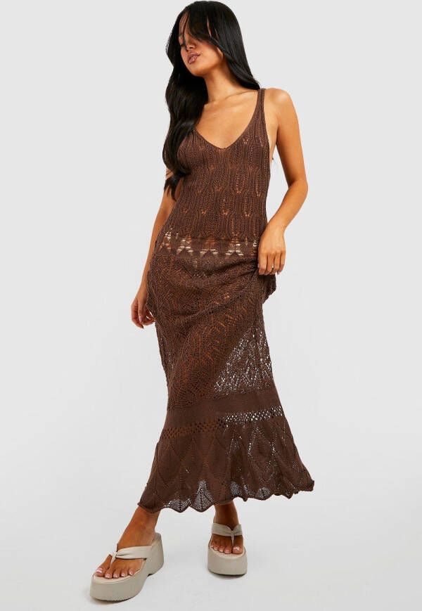 boohoo Petite Gehaakte Gebreide Strand Jurk Met V Hals, Chocolate