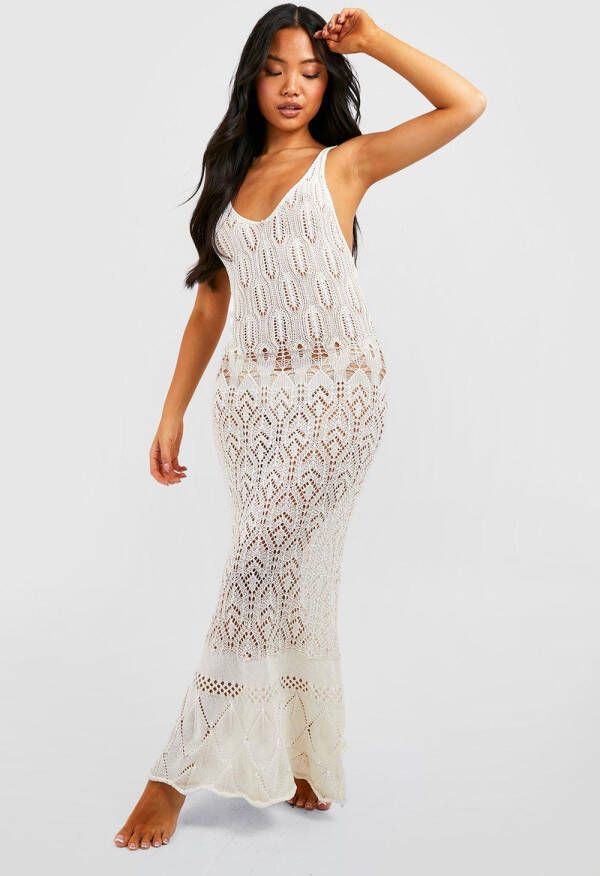 boohoo Petite Gehaakte Gebreide Strand Jurk Met V Hals, Ecru