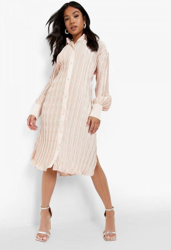 boohoo Petite Geplooide Plisse Midi Blouse Jurk, Champagne