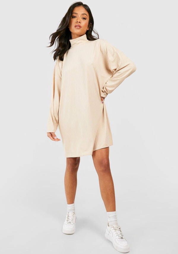 boohoo Petite Geribbelde Jurk Met Hoge Hals, Stone