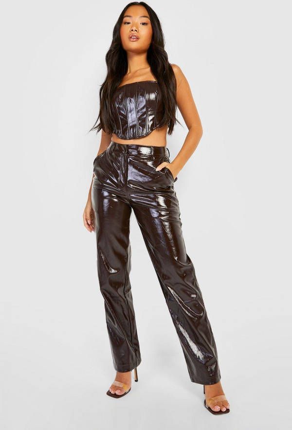 boohoo Petite Glanzende Vinylen Broek, Burgundy