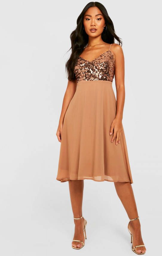 boohoo Petite Glitter Gelegenheids Midi Jurk Met Pailletten En V Hals, Gold