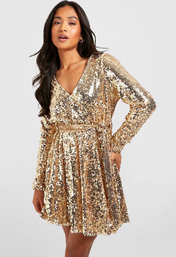 boohoo Petite Glitter Wikkel Skater Jurk Met Pailletten En Ceintuur, Gold