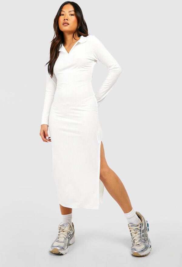 boohoo Petite Jumbo Geribbelde Midaxi Jurk Met Ceintuur En Kraag, Ecru