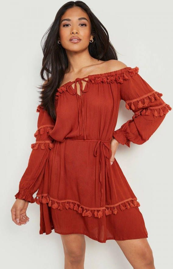 boohoo Petite Kaasdoek Skater Jurk Met Kwastjes, Tan